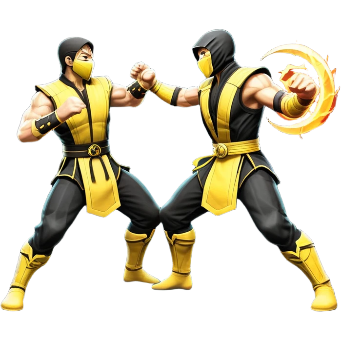 An icon showing two fighters in dynamic combat poses, inspired by Mortal Kombat. One character delivers a powerful kick, while the other blocks or counters. The background features a dark arena with glowing effects, symbolizing intense battles. Transparent background. emoji