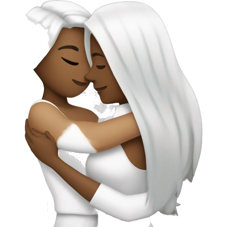A lesbian couple with white skin and long black hair hugging intimately emoji