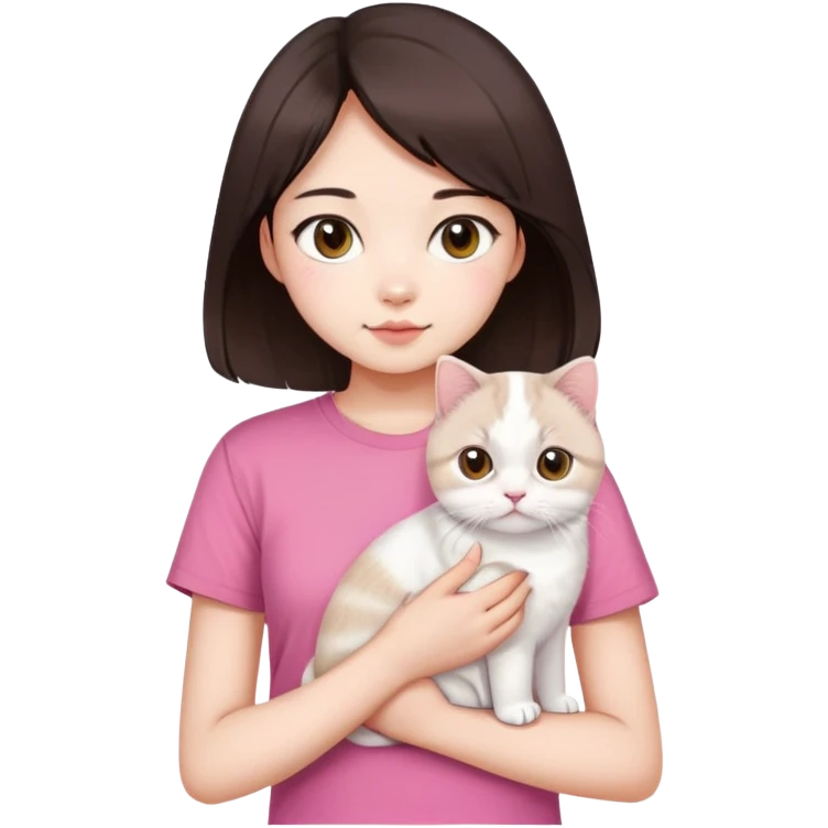 This Chinese girl has fair skin. She has long semi-short dark brown hair and is wearing a pink T-shirt. She is holding a white Scottish Fold cat. emoji