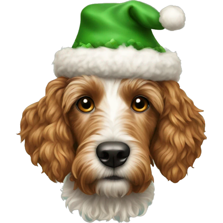 Irish doodle dog wearing a Christmas hat emoji