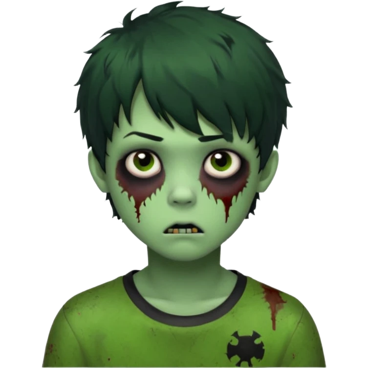 Boy, zombie, green skin, black, short and curly hair with bangs, round shaped hair, emo, ultra dark, bored expression with tired eyes  emoji