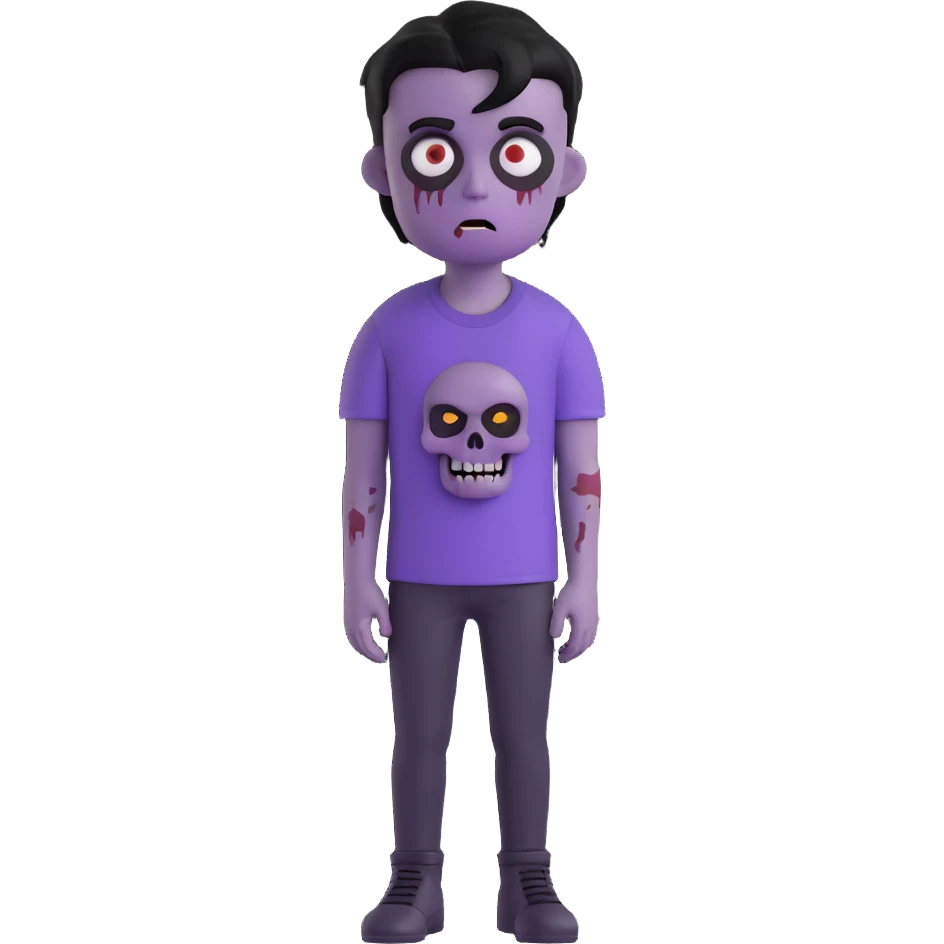 zombie boy with black emo hair and purple shirt, 3D emoji style emoji