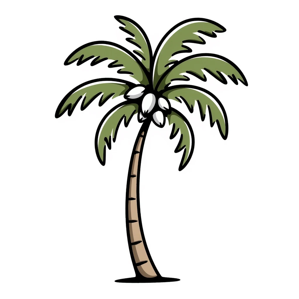 a palm tree with a curved trunk, large fronds, and coconuts, in pastel colors dd9fb0, ffc6d3, a3bfc9, c4bee2, f1b091, detailed hand-drawn doodle style emoji