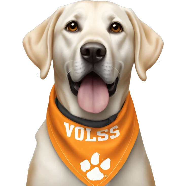 Black lab dog wearing university of Tennessee, Vols bandana emoji