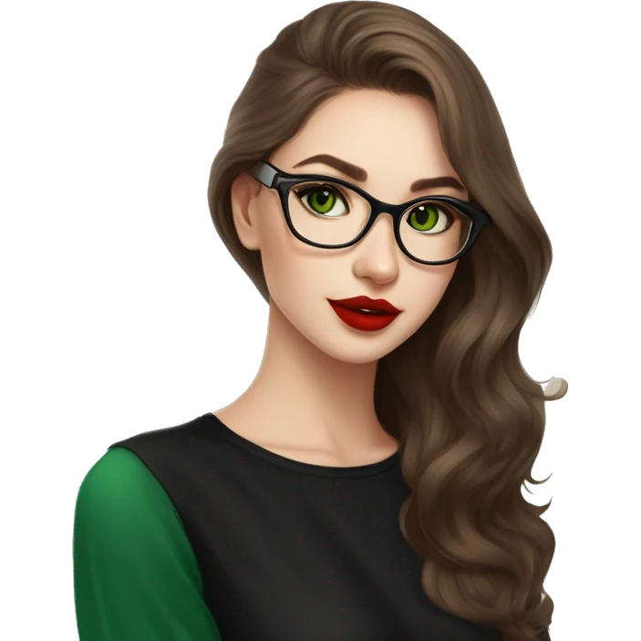 23 years old girl
long brown hair with volume styling
light skin
red lipstick
glasses with refined frame
green eyes with cat eye liner
black silk shirt with long sleeves emoji