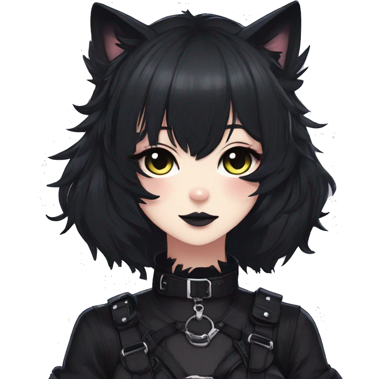 Gorgeous gothic dark techwear anime style anthro black cat furry with blushing face aesthetic and pretty edgy black with collar and harness trending style emoji