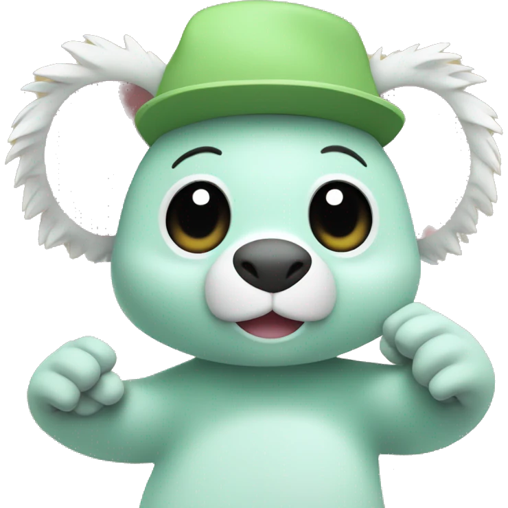 A mint-colored Fall Guys character wearing a beige koala hat on his head waves his hand. emoji