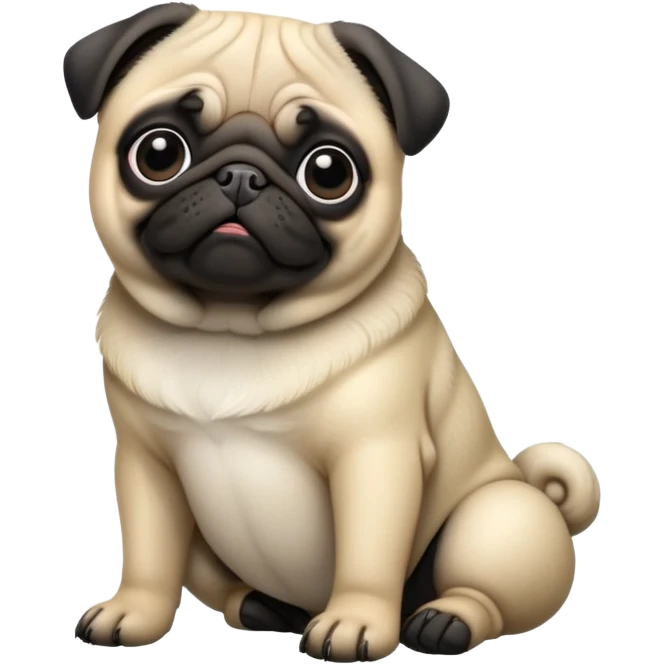 cinematic-[pug]-realistic-full-body-sitting-emoji,-tail-resting-loosely-beside-its-paws,-head-tilted-dramatically, -sleek-[black]-fur,-simplified-yet-realistic-focused-features,-highly-detailed,-glowing-with-an-almost-sarcastic-glow emoji