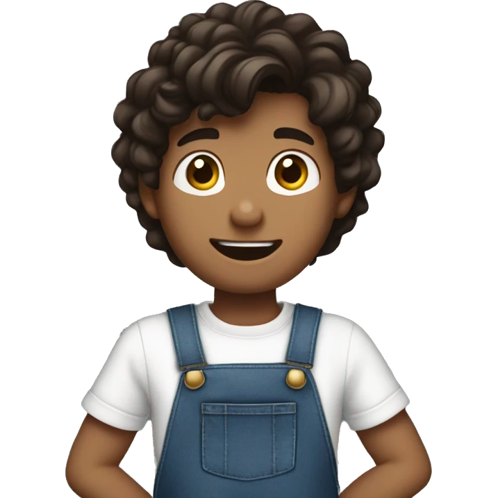 boy pointing to the sky, dark brown wavy hair, wearing blue jeans overalls and white shirt. half body. from behind emoji