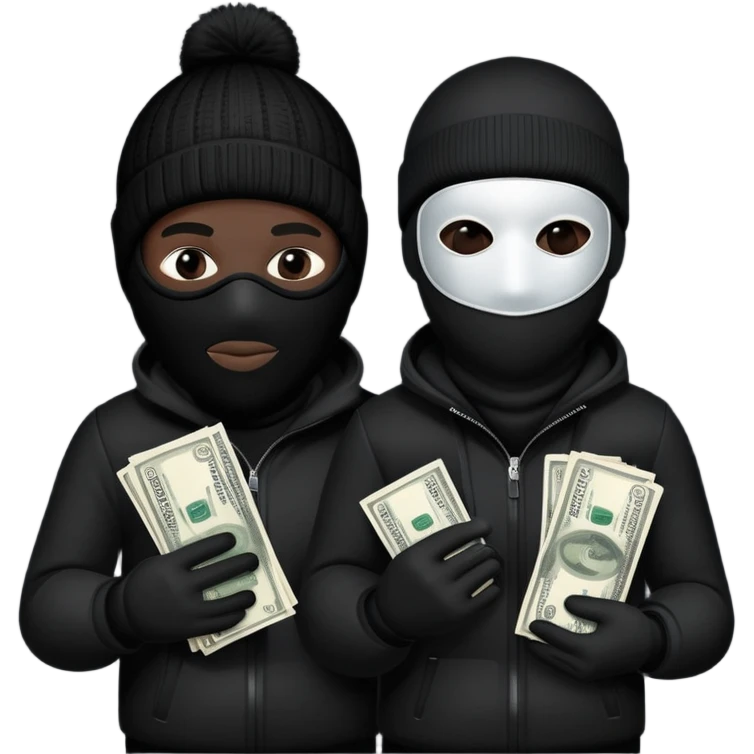 Two men one with white skin color and the other black skin color and both wearing black Ski masks holding money bag emoji