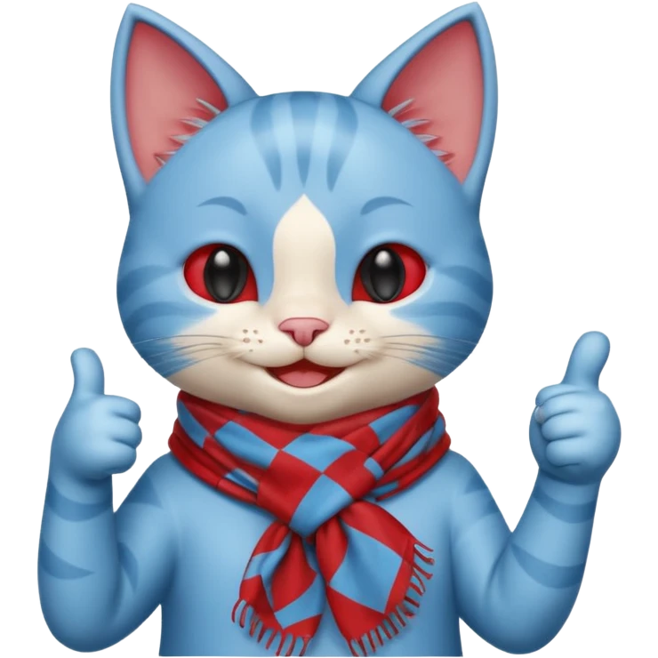 A Baby Blue Cat smiling and giving thumbs up, wearing red Checkered Triangle scarf emoji
