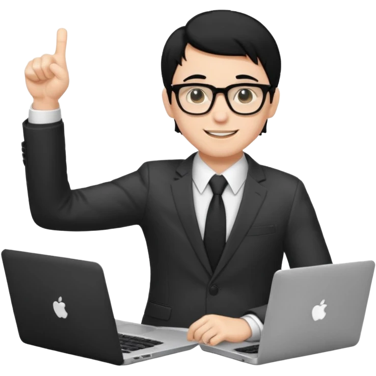 un estudiante con lentes y su laptop CON TERNO Y CABELLO NEGRO,  LEVANTANDO LAS MANOS DANDO LIKE emoji