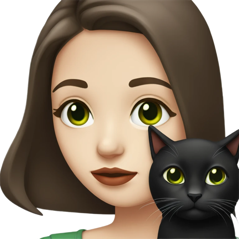 A teenage girl with white skin, she have some green hazel eyes, red lipstick, mid long straight dark brown hair, she have an eyeliner and she is holding a black cat in her arms, view from close emoji