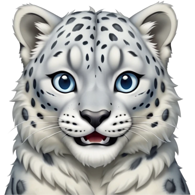 Cinematic-Comical-Snow-Leopard-Portrait-Emoji – Head tilted dramatically with an exaggeratedly amused expression, featuring a thick, spotted white-and-grey coat with a dense ruff around the neck, wide, piercing icy blue eyes filled with playful disbelief zoomed out showing the shoulders emoji