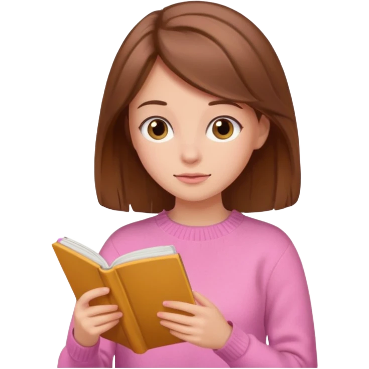 Brown haired girl in a pick sweater reading emoji