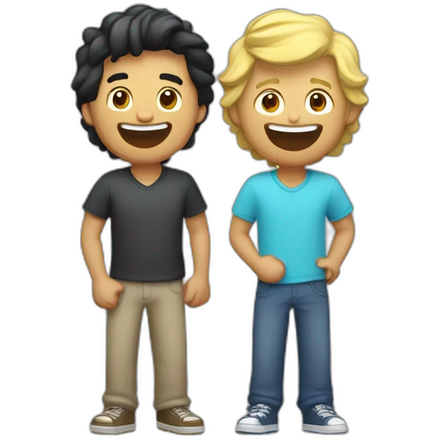 Gay couple, 1 guy Latino black straight hair and 1 Australian white guy with blonde slightly curly hair laughing full body playing UNO emoji