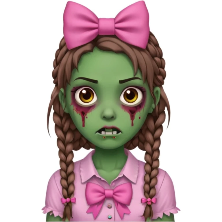 Garota zumbi com pele verde, tranças castanhas no cabelo, olhos castanhos, laço rosa na cabeça e camisa rosa emoji