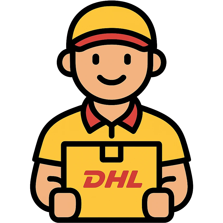DHL courier with yellow cap and shirt smiling holding a parcel, icon style emoji