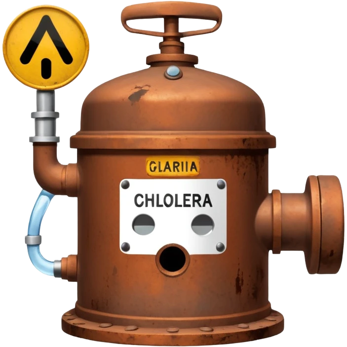 a Ghibli-style water pump with a warning sign about cholera emoji