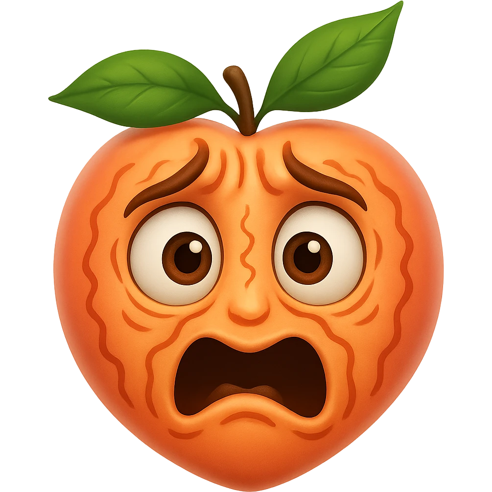 Make the face much more expressive, with exaggerated trembling features and wide eyes, while keeping the hybrid peach and shaking face emoji style. Keep the background transparent. emoji