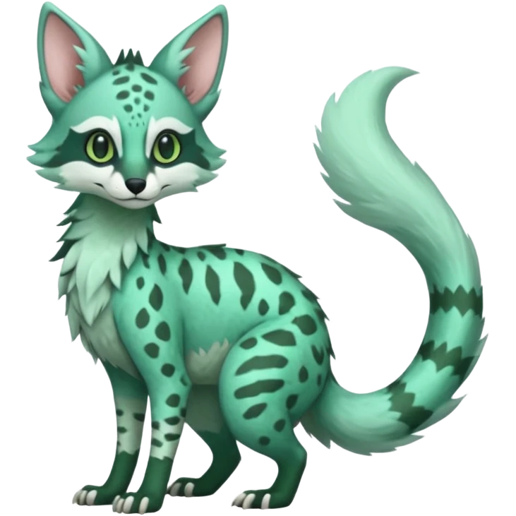 Feral Rare Fantasy minty-cyan pastel-seafoam-green Hunter-forest-green  Vernid-Sergal-Genet-Trico-species by LiLaiRa, random markings, tufted tail, tufted ears, full body emoji