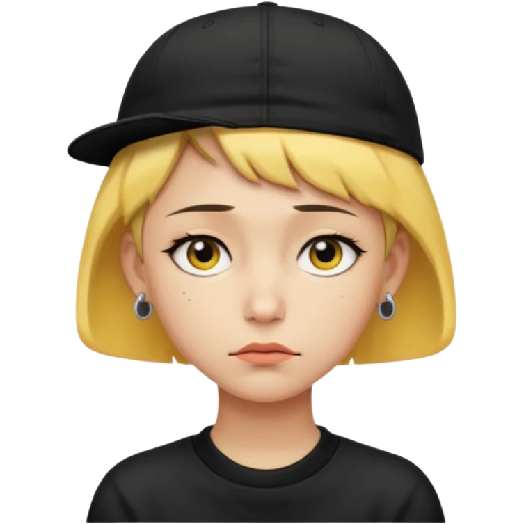 Create me an emoji like that, sad, with earrings, a black cap backwards, yellow skin like an emoji, and short hair down to the nape of my neck. emoji