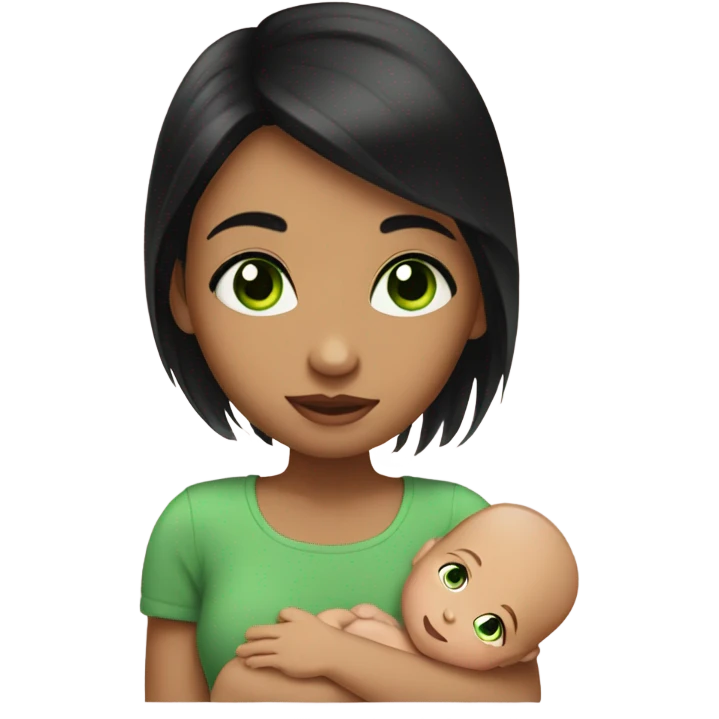 Girl with black hair and green eyes holding baby  emoji