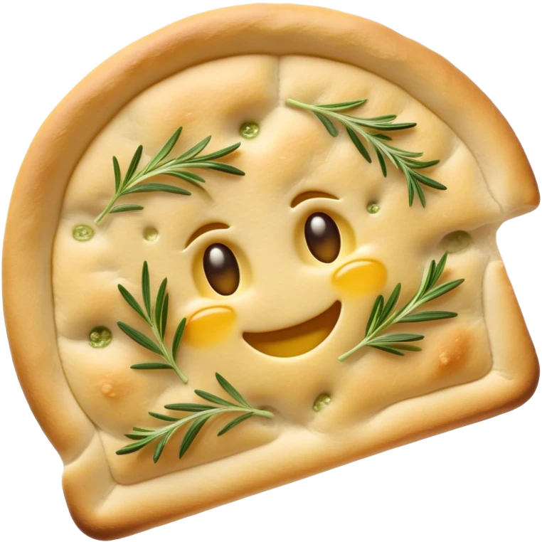 Cinematic Realistic Focaccia Bread Dish Emoji, depicted as a golden, olive oil brushed flatbread sprinkled with herbs rendered with lifelike texture and soft, appetizing lighting. emoji