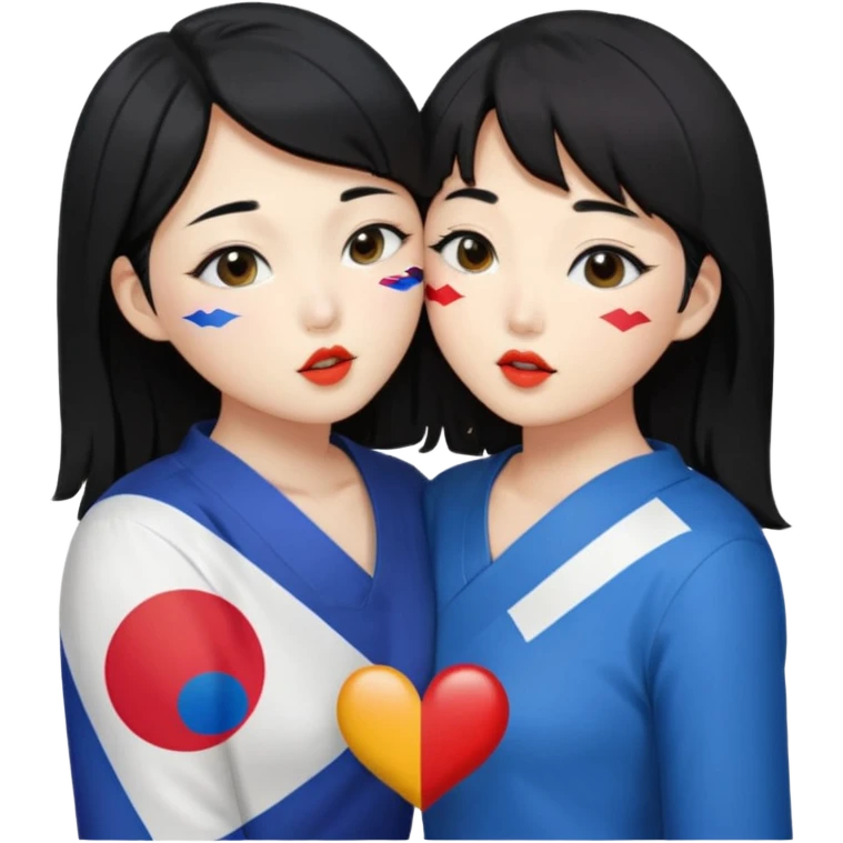 Korean lesbians, kisses and Let them both have black hair, kiss each other, have a lesbian flag on their cheeks, be sweet, dress openly, have open waists  emoji