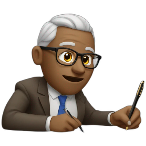 wise life coach with hair and glasses sitting with pen and paper emoji