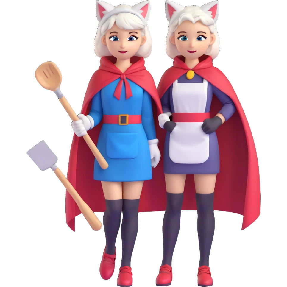 character with cat ears and tail, white hair, blue eyes, wearing a red hood and cape, yellow scarf, white apron, pink dress, brown gloves, black stockings, red shoes, holding a metal spatula, confident and lively expression emoji