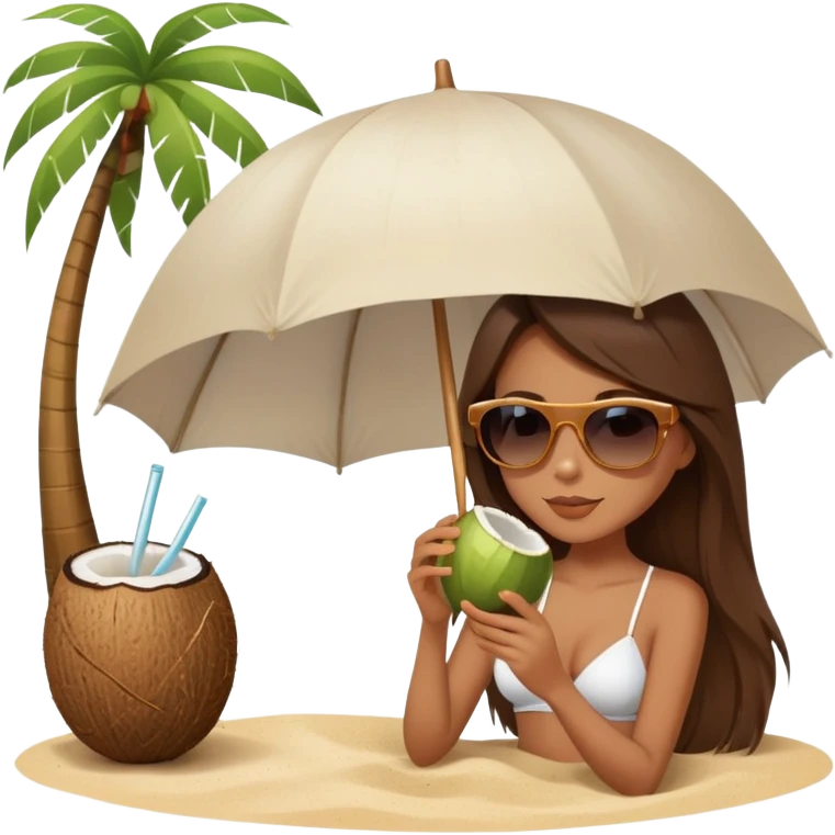 Girl with long brown hair wearing sunglasses and sipping from a coconut elegant sand and white aesthetic umbrella  emoji