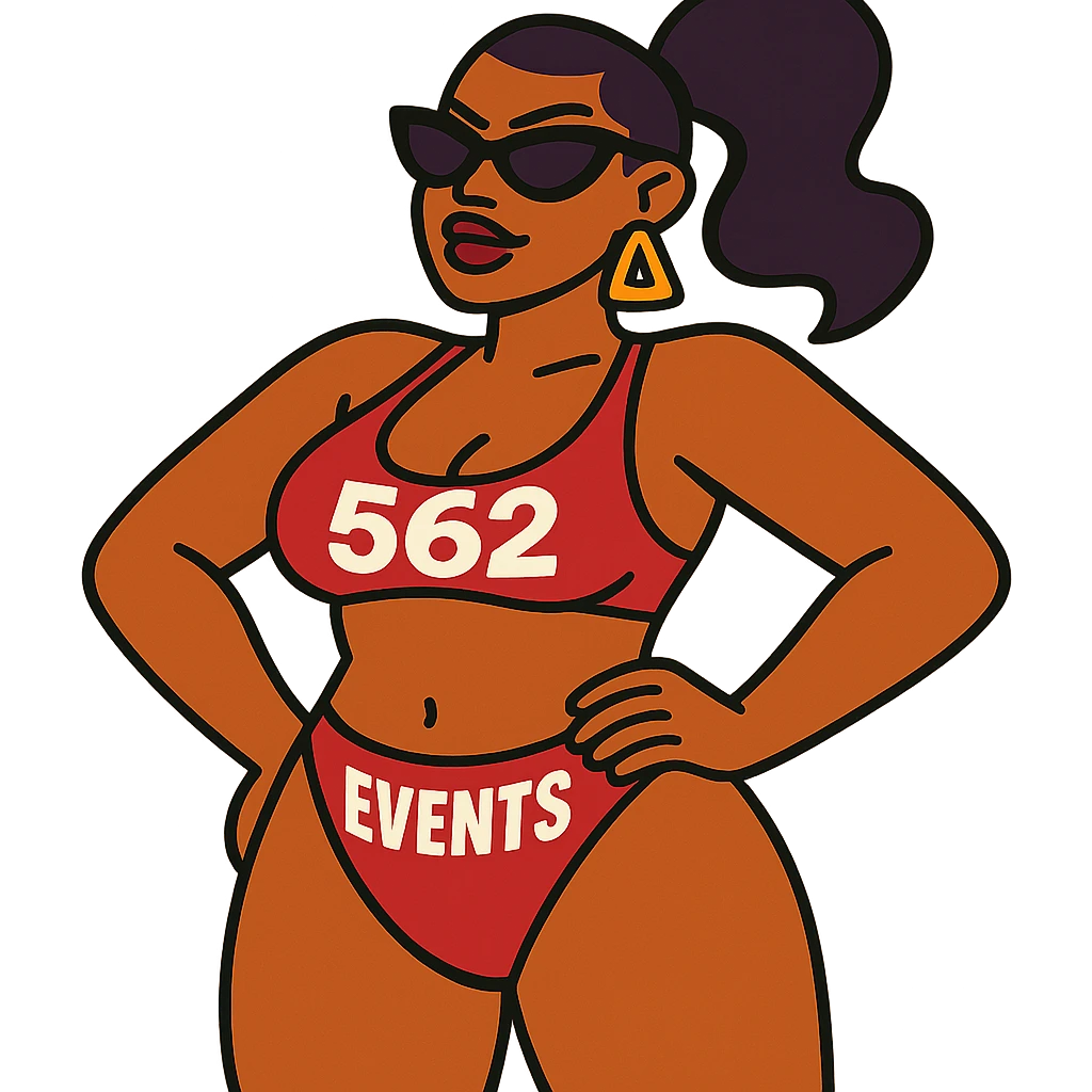 confident baddie character in a bikini with the words '562 Events' clearly displayed on the bikini, fun and bold style emoji