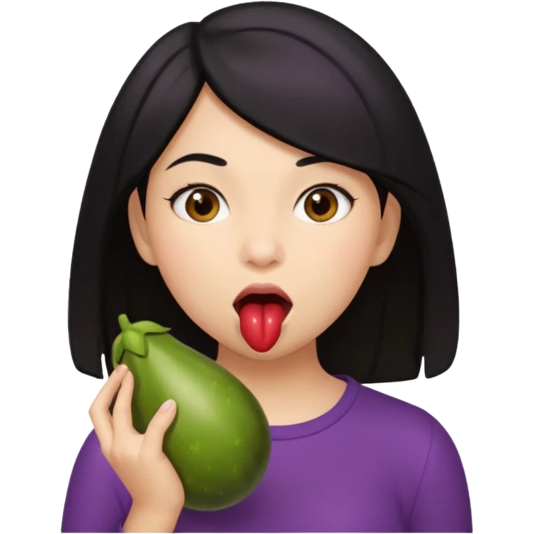 Black haired girl holding eggplant near mouth pretending to bite it emoji
