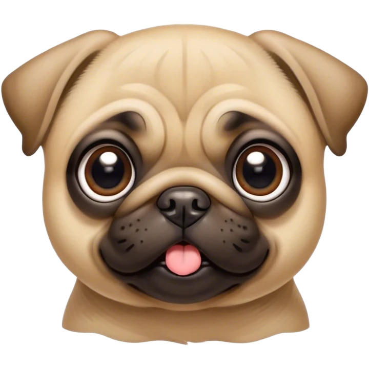 Cinematic Cute Fawn Pug Portrait Emoji, Head tilted playfully and inquisitively, featuring a smooth fawn coat with a subtle sheen, round, sparkling dark eyes filled with curiosity, Simplified yet irresistibly adorable features, highly detailed, glowing with a warm, friendly glow, high shine, affectionate and lively, stylized with a touch of whimsy, bright and endearing, soft glowing outline, capturing the essence of a mischievous yet loving pup, so playful it feels like it could bounce out of the screen and into your arms! emoji