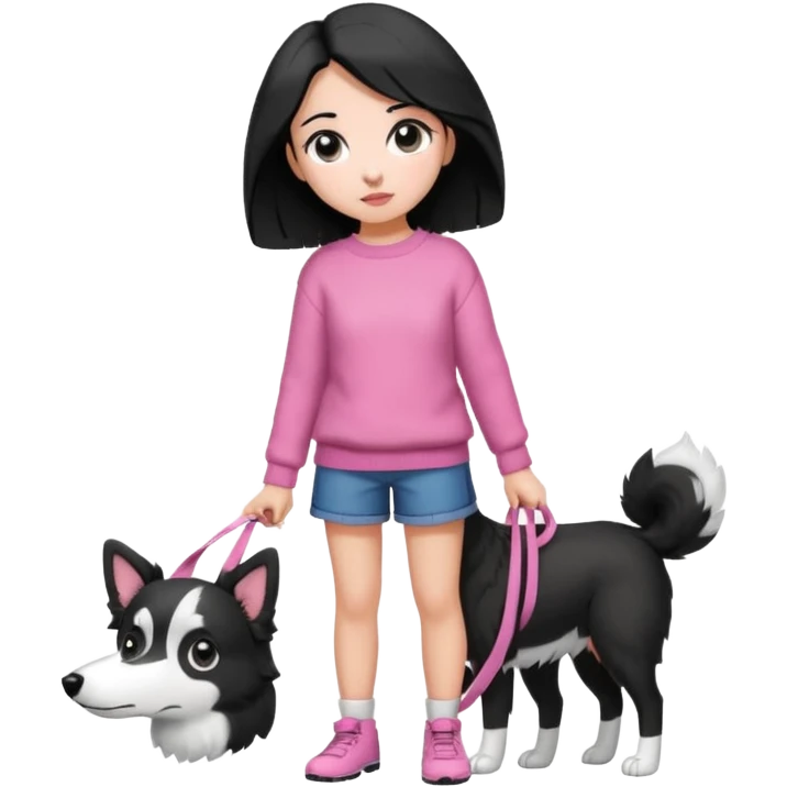 full body girl with side parted black hair shoulder length black eyes wearing pink sweater carrying black and white border collie with perked ears emoji style emoji