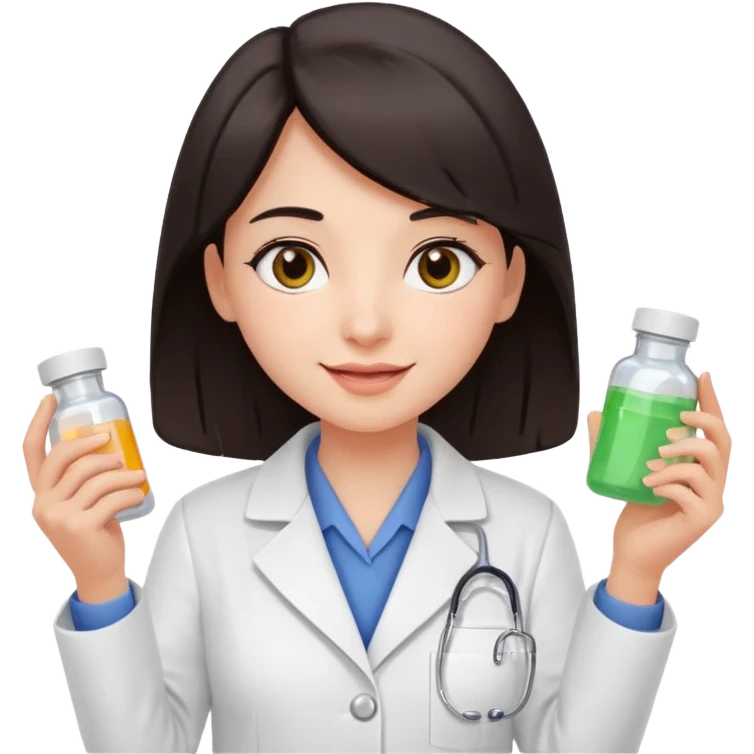 pharmacist girl with dark hair and dark eyes, white coat, holding medicine, cheerful sunny expression emoji