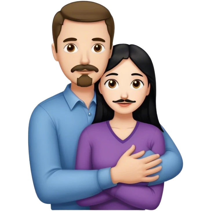 Tall white man with brown mustache and goatee hugging a short pale woman with long black hair emoji