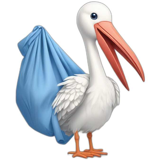 White stork carrying a blue bundle of cloth in its big beak that has a cute human person cute baby boy inside and his head is peeking from the fabric the strok is carrying in its beak emoji