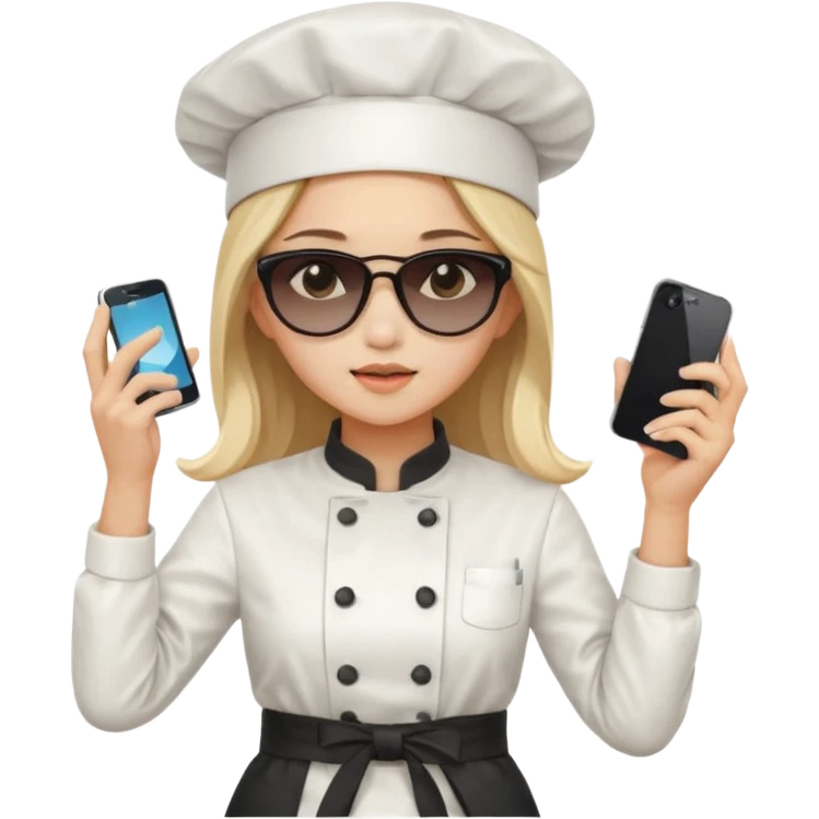 ["A sad woman with light skin, straight hair, wearing a chef hat and sunglasses, dressed in K-pop fashion, is dancing while holding a phone."] emoji
