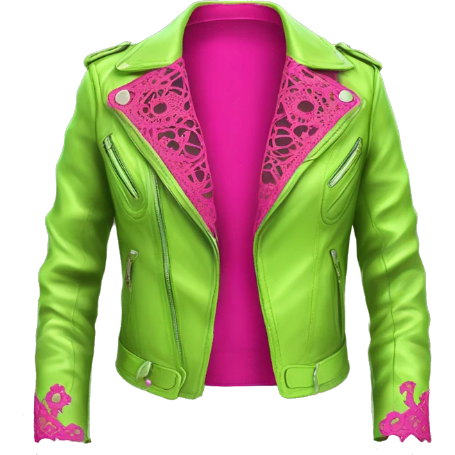 Realistic isolated side view of an open lime green fashion leather jacket with hot pink lace. emoji
