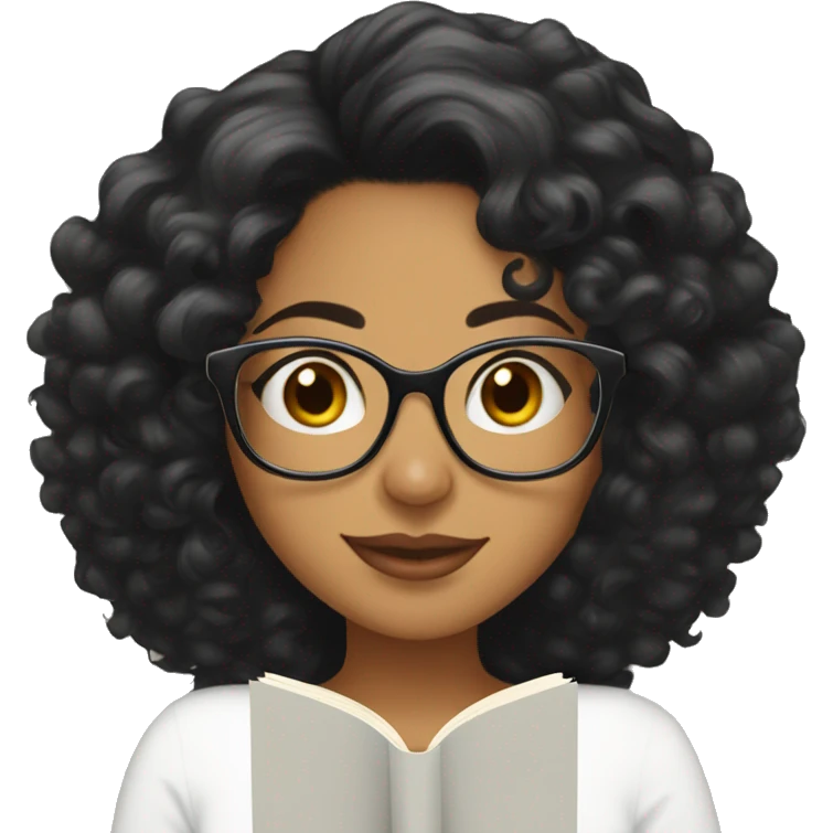 Latina woman with curly black hair wearing clear framed glasses reading a book  emoji