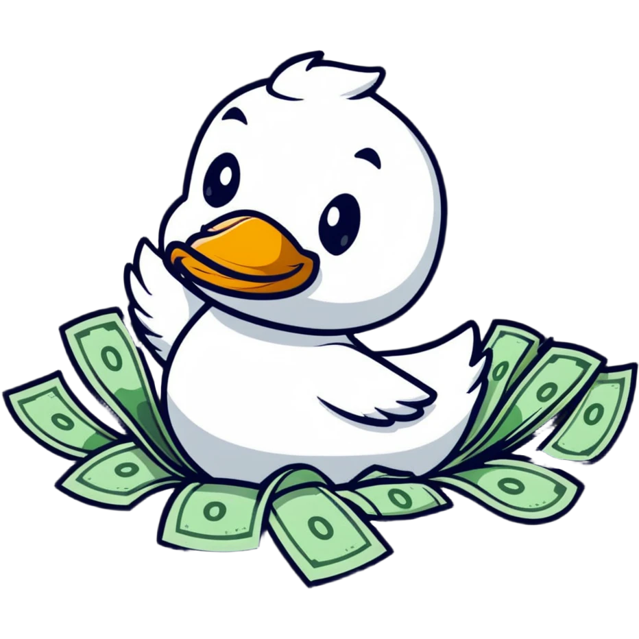 Cartoon duck doing backstroke in a sea of money emoji