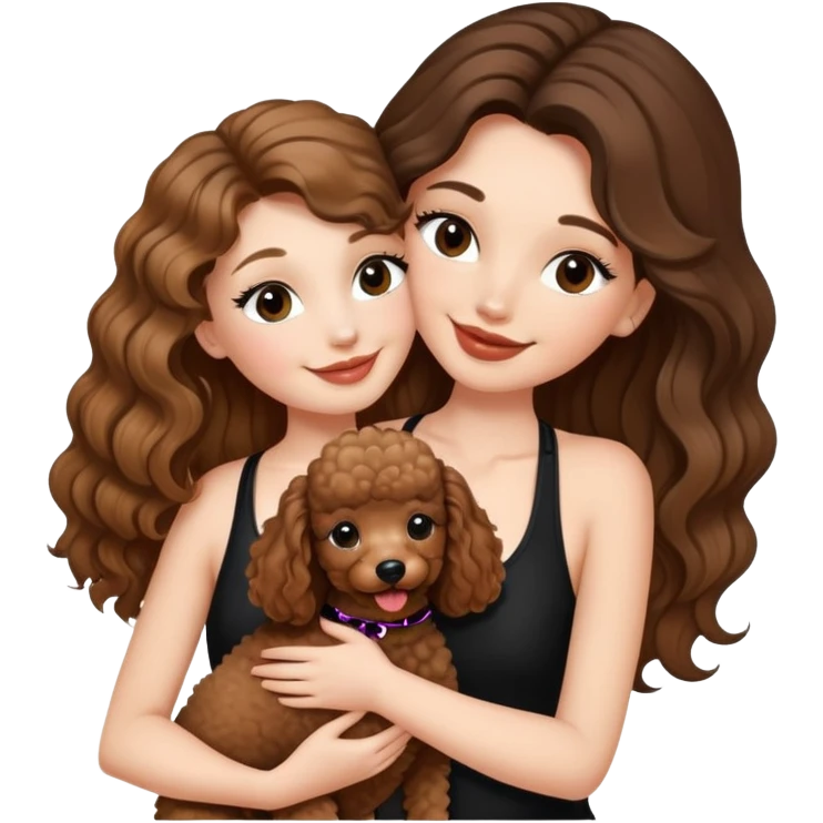 girl with long balayage hair and long lashes, smiling, wearing black halterneck top, and holding and kissing a brown poodle emoji