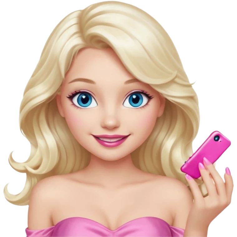 girl with long wavy platinum blonde hair,  blue eyes , long lashes, sexy pink lips, light to medium complexion, wearing a pink sexy top, smiling, finger tips touching emoji