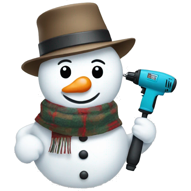 snowman with hat and scarf holding a drill emoji