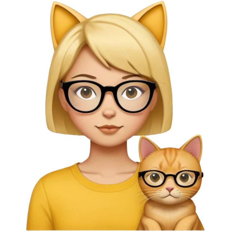 Short hair girl wearing black glasses yellow cat wearing black glasses emoji