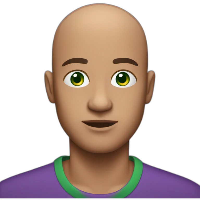 a bald guy with green eyes and purple t-shirt, iphone style emoji