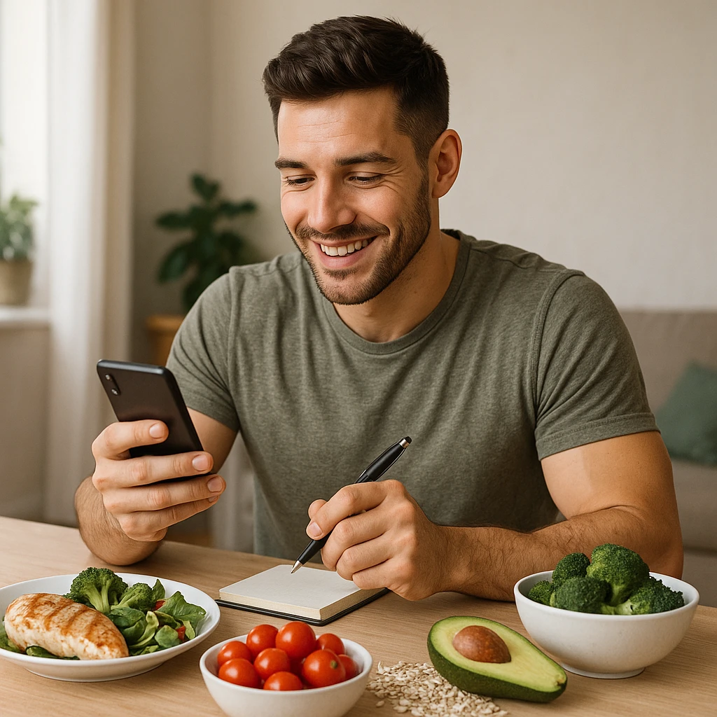 realistic illustration of a man counting his macronutrients as a lifestyle: the man is sitting at a table with healthy food, holding a smartphone or a notebook to note macronutrients, positive and modern atmosphere, healthy lifestyle emoji