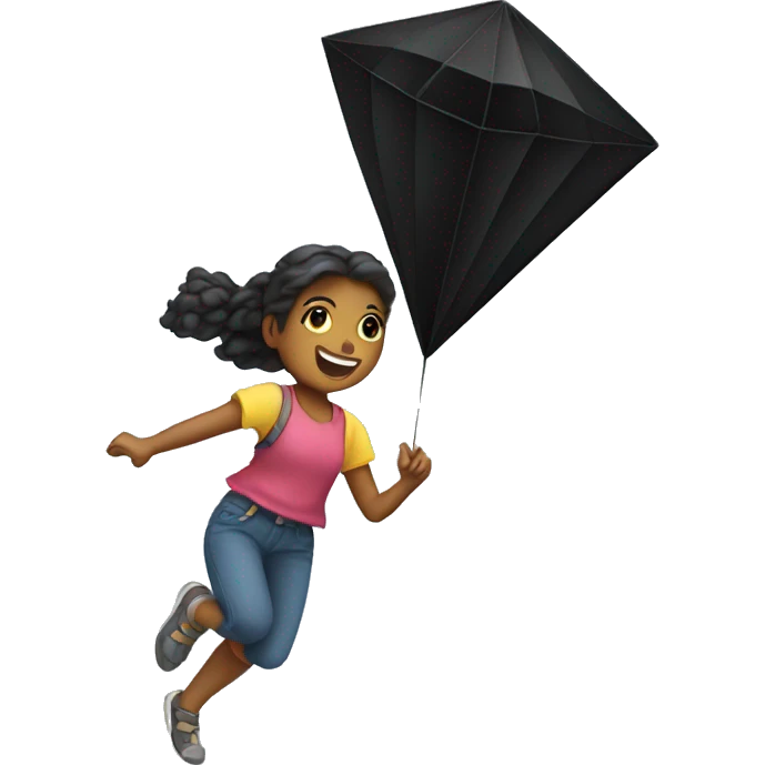 Girl flying a black diamond shaped kite emoji